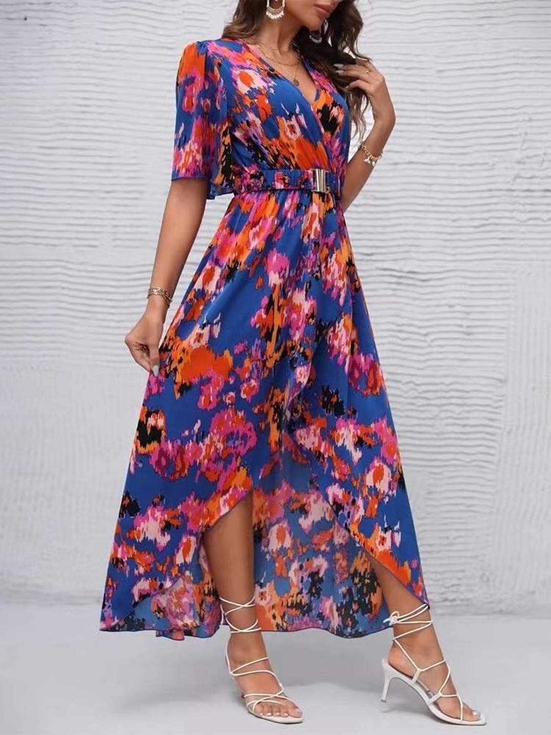 

StyleCast Blue & Orange Tie and Dye Printed V-Neck Short Sleeve Casual A-Line Maxi Dress