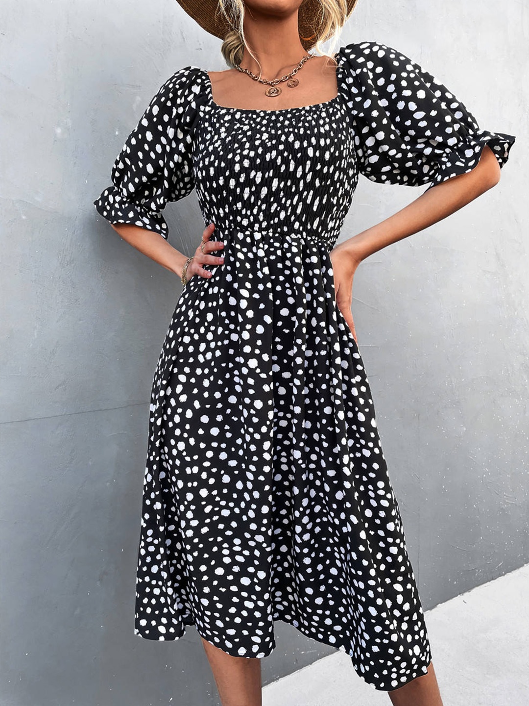 

StyleCast Square Neck Bell Sleeves Polka Dot Print Bodycon Midi Dress, Black