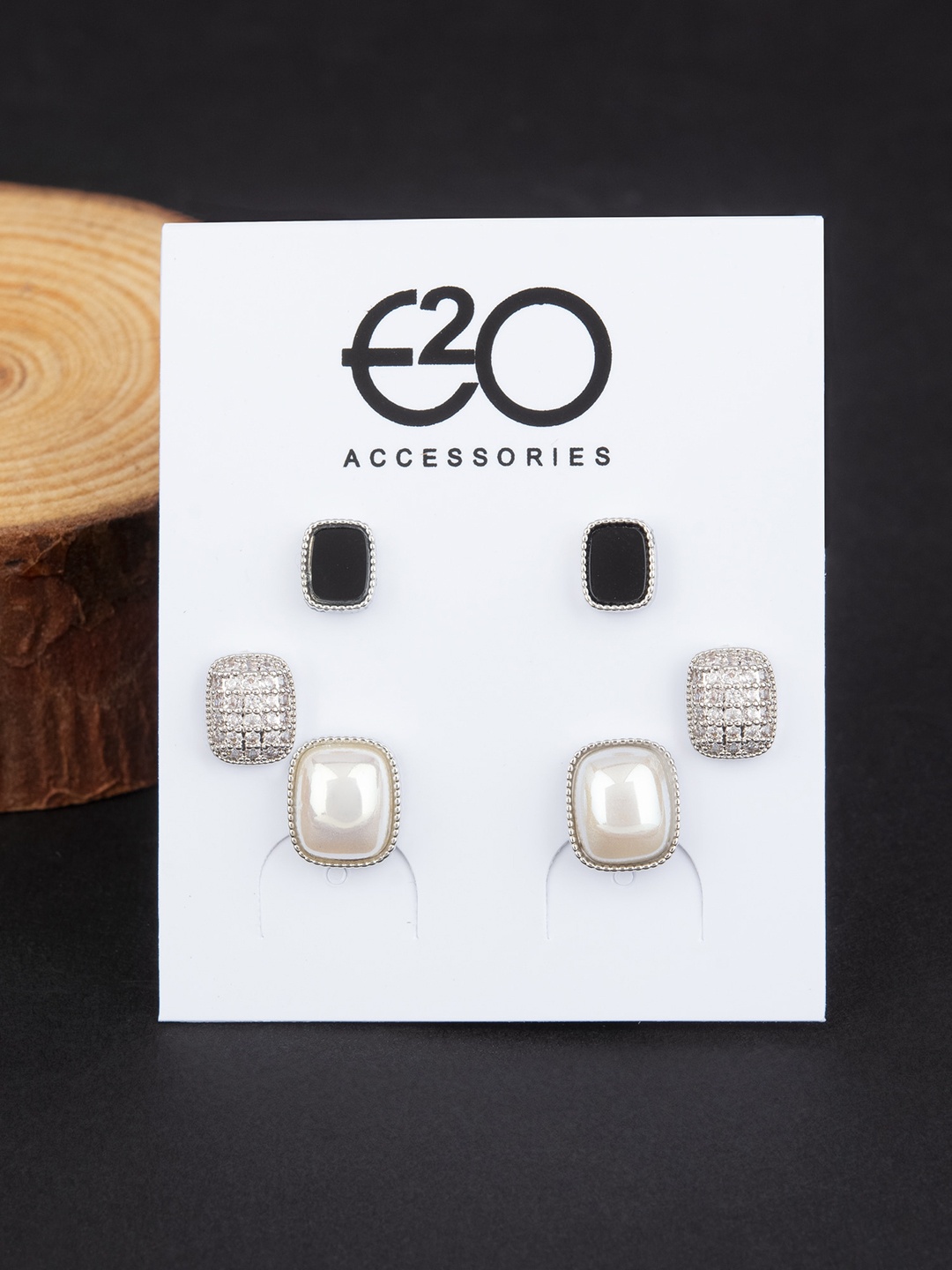 

E2O Set Of 3 Silver-Plated Studs Earrings