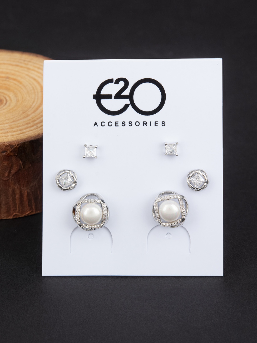 

E2O Set Of 3 Silver-Plated Studs Earrings