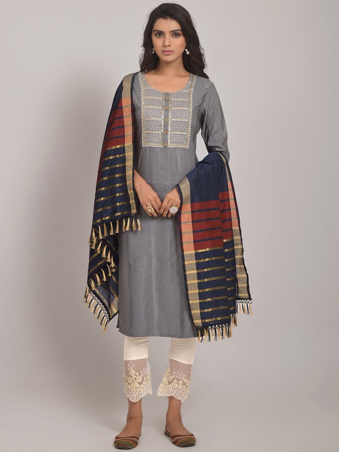 

KALINI Geometric Sequence Embroidered Round Neck Yoke Design Kurti With Pant & Dupatta, Grey