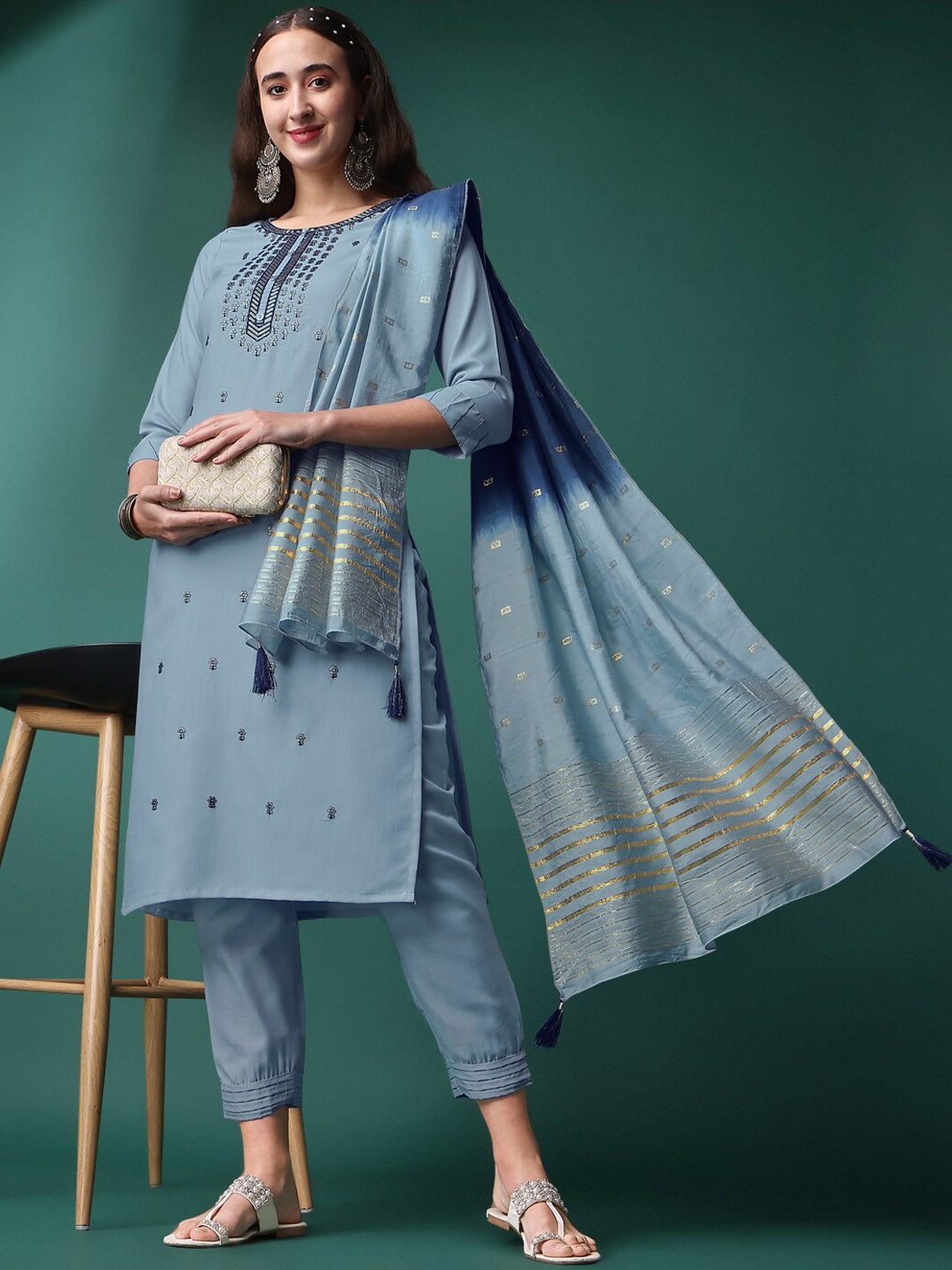 

KALINI Ethnic Motifs Embroidered Round Neck Kurta With Pant & Dupatta, Grey