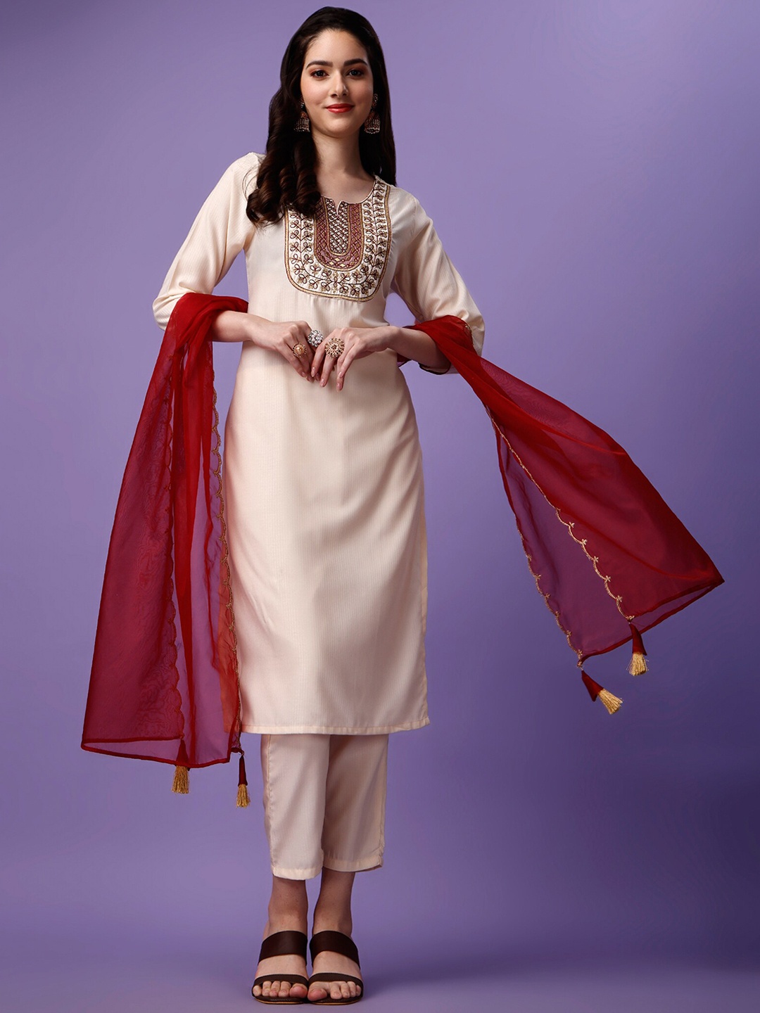 

KALINI Ethnic Motifs Embroidered Round Neck Kurta With Pant & Dupatta, White