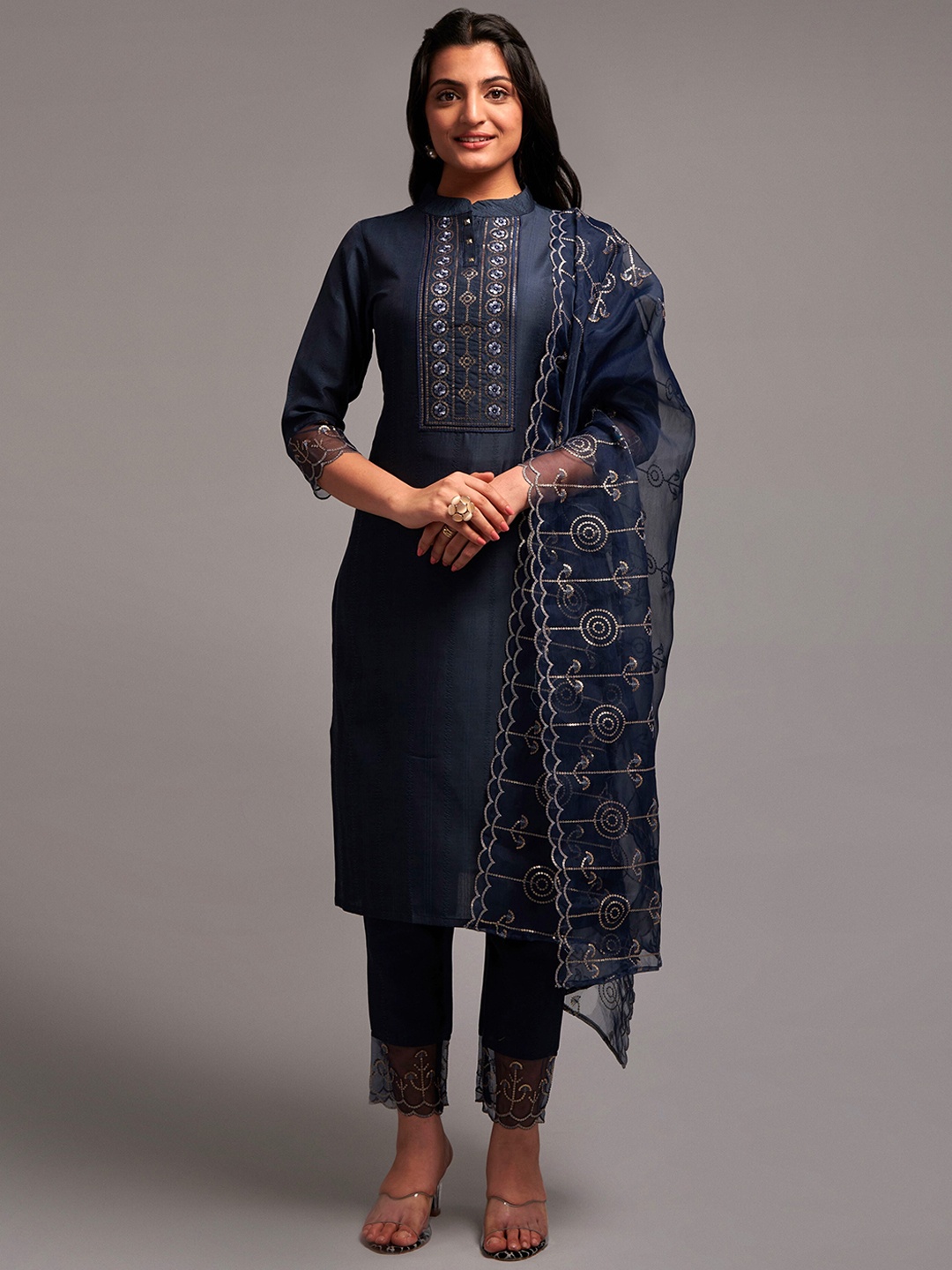 

KALINI Mandarin Collar Embroidered Thread Work Kurta with Trousers & Dupatta, Navy blue