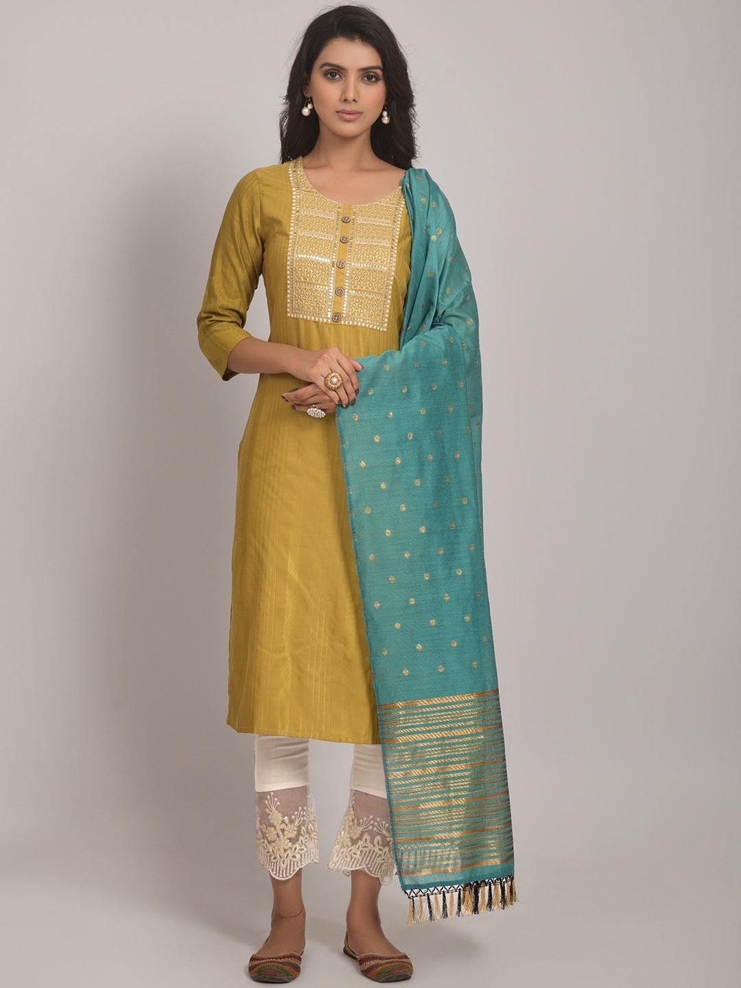 

KALINI Round Neck Embroidered Sequinned Straight Kurta with Trousers & Dupatta, Yellow
