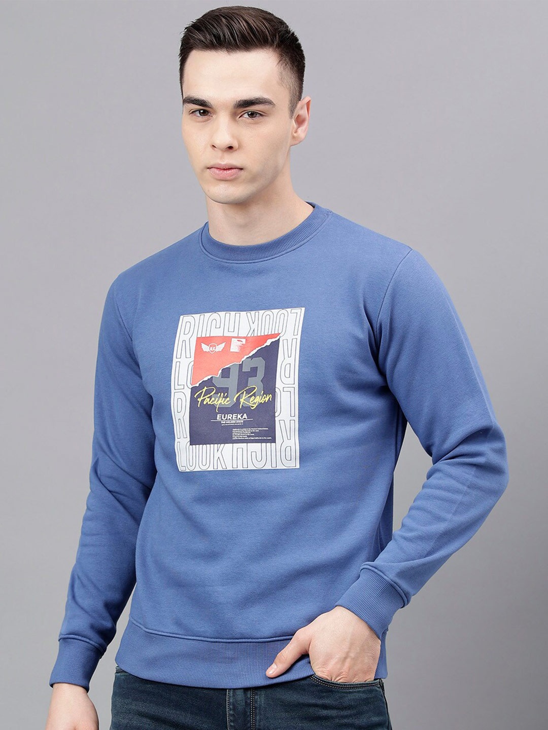 

Richlook Typography Printed Round Neck Pullover, Blue