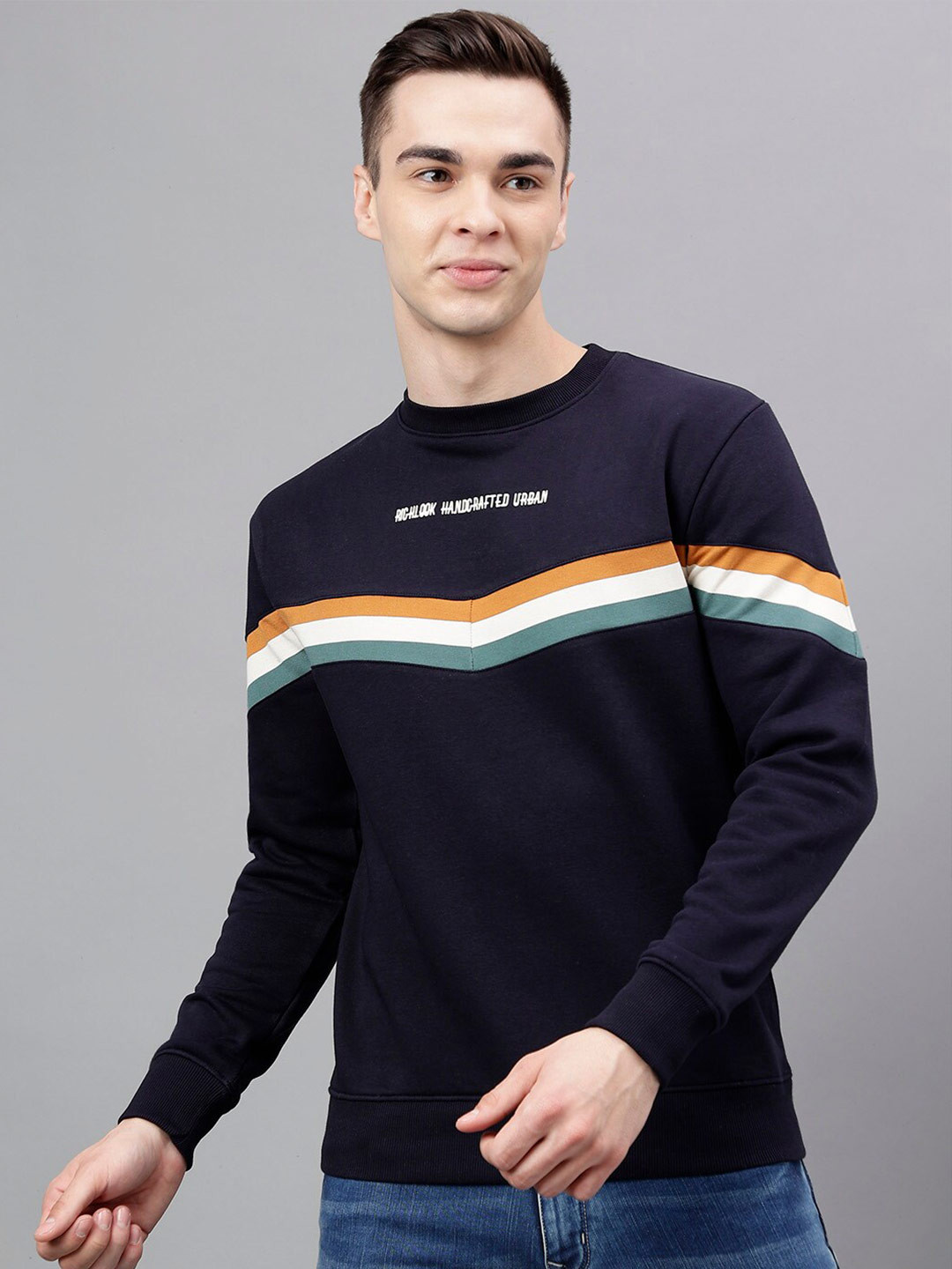 

Richlook Striped Round Neck Pullover, Navy blue