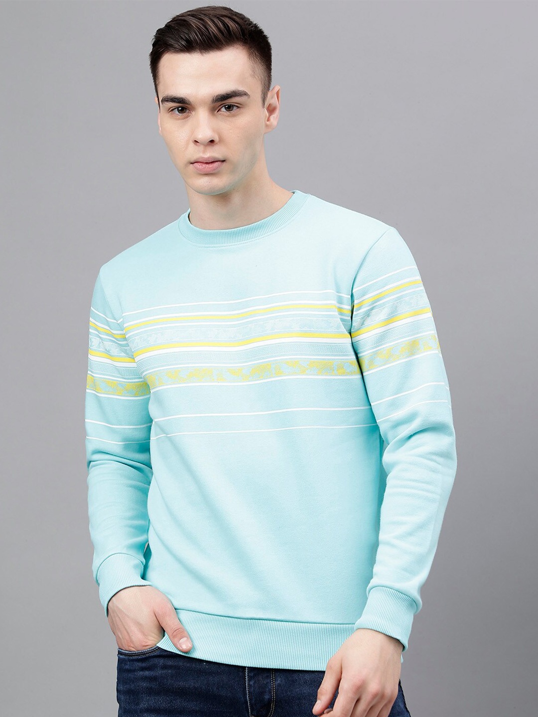 

Richlook Striped Round Neck Pullover, Sea green