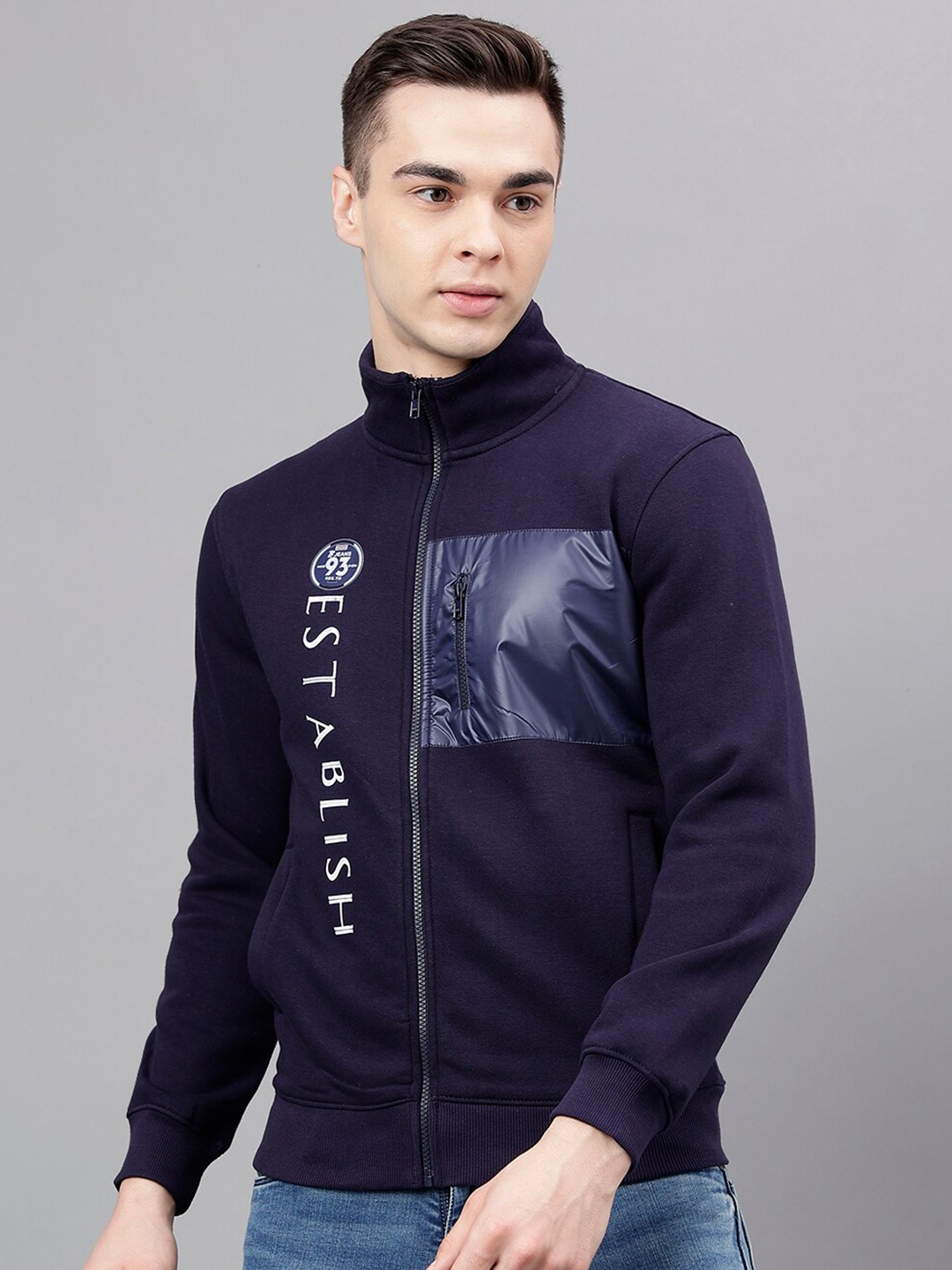 

Richlook Typography Printed Mock Collar Front-Open Sweatshirt, Navy blue