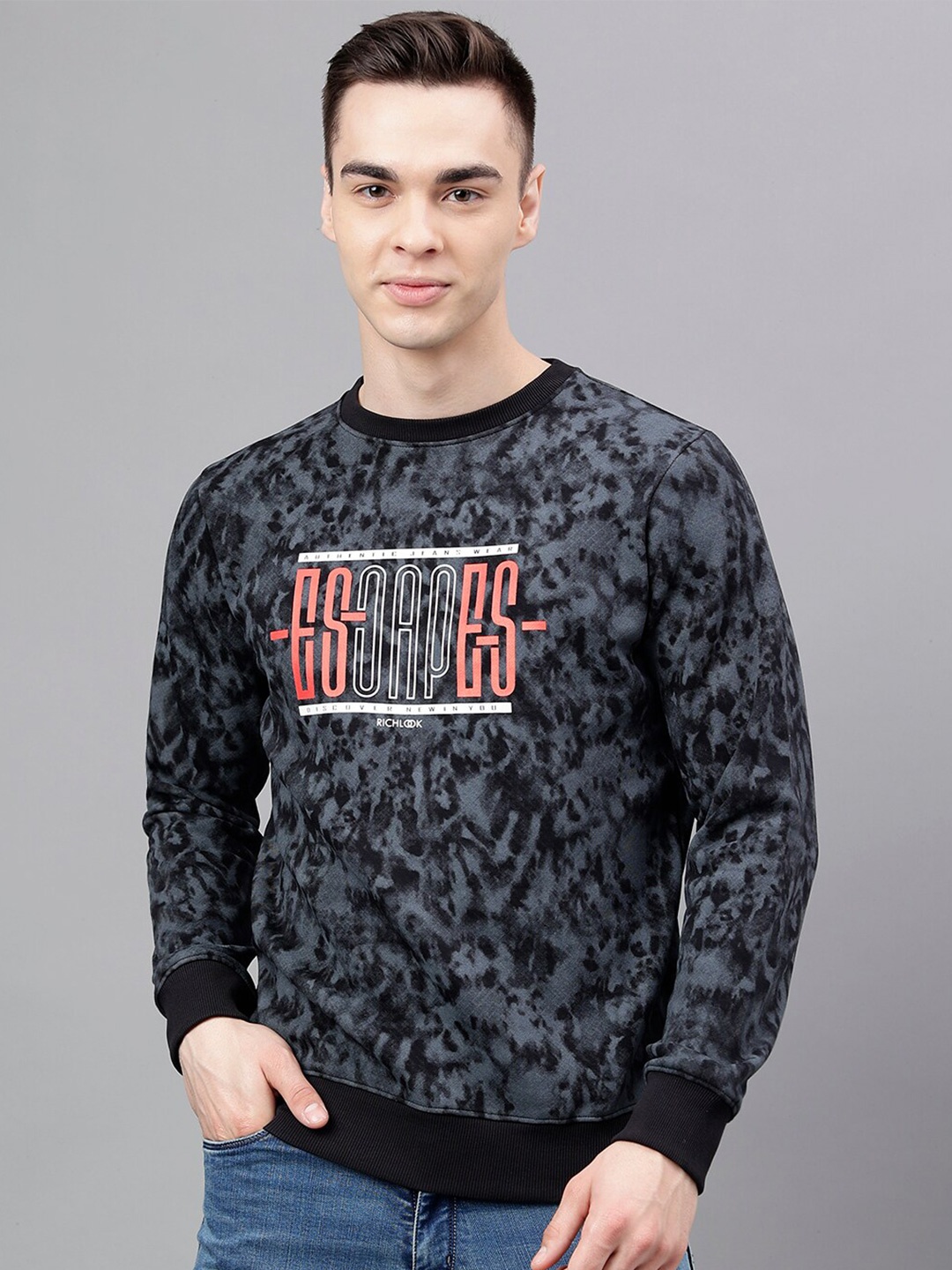 

Richlook Typography Printed Round Neck Pullover, Black