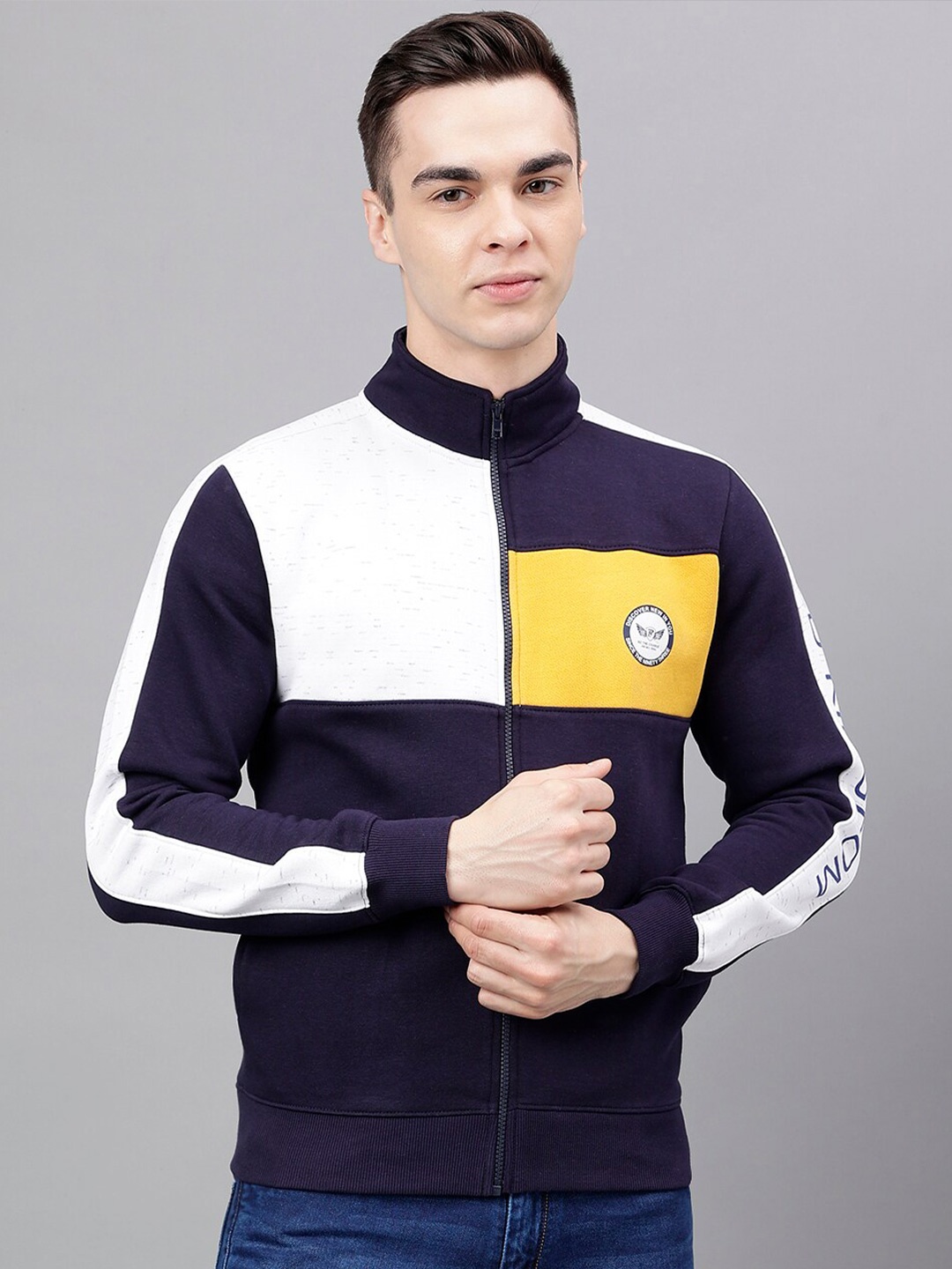 

Richlook Colourblocked Mock Collar Front-Open Sweatshirt, Navy blue