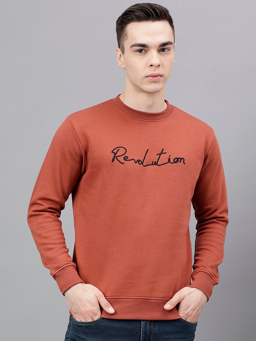 

Richlook Typography Printed Round Neck Pullover, Orange