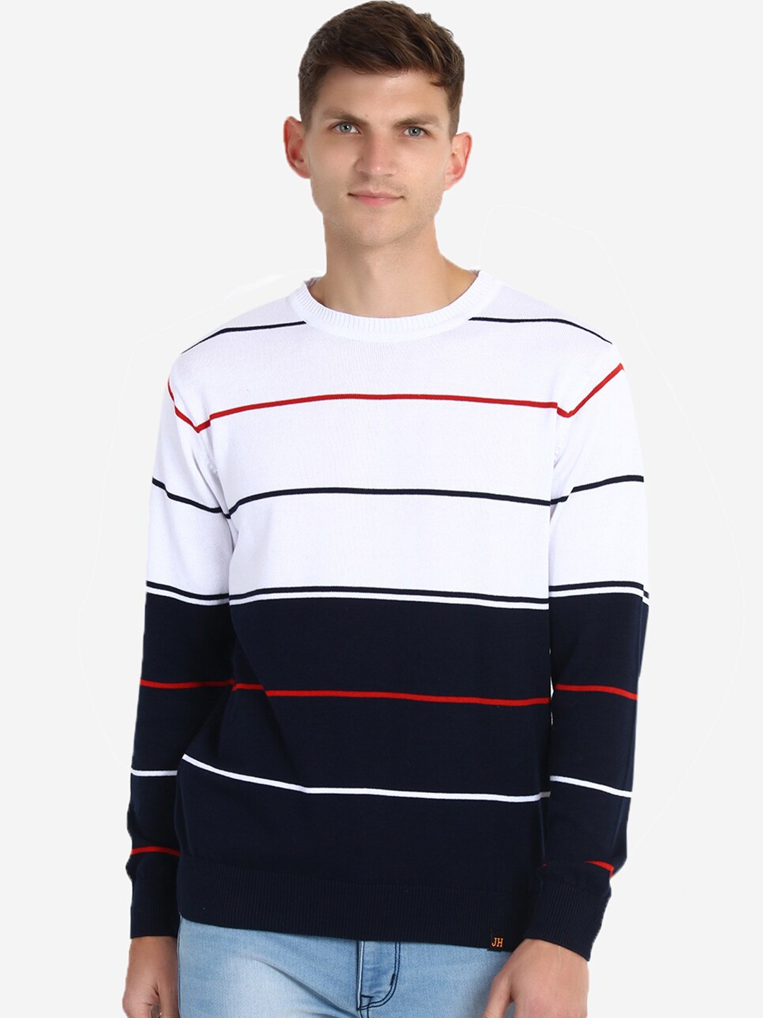 

INVICTUS Striped Round Neck Cotton Pullover, White