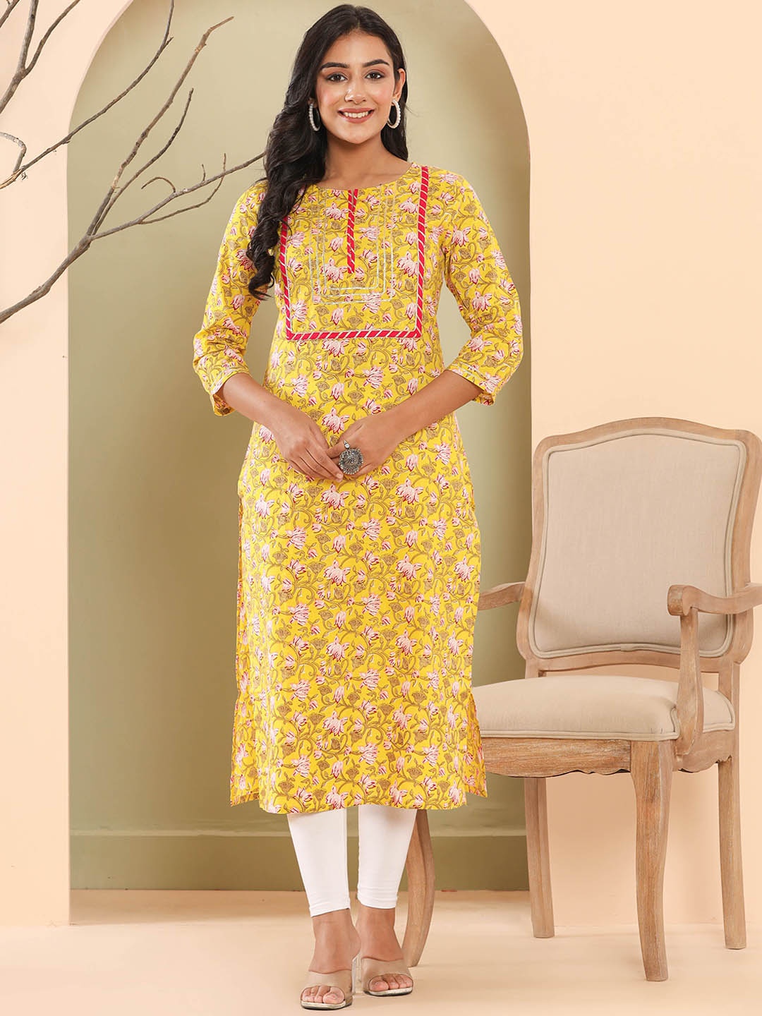 

Haute and Humble Floral Printed Gotta Patti Summer Sheer Straight Kurta, Yellow