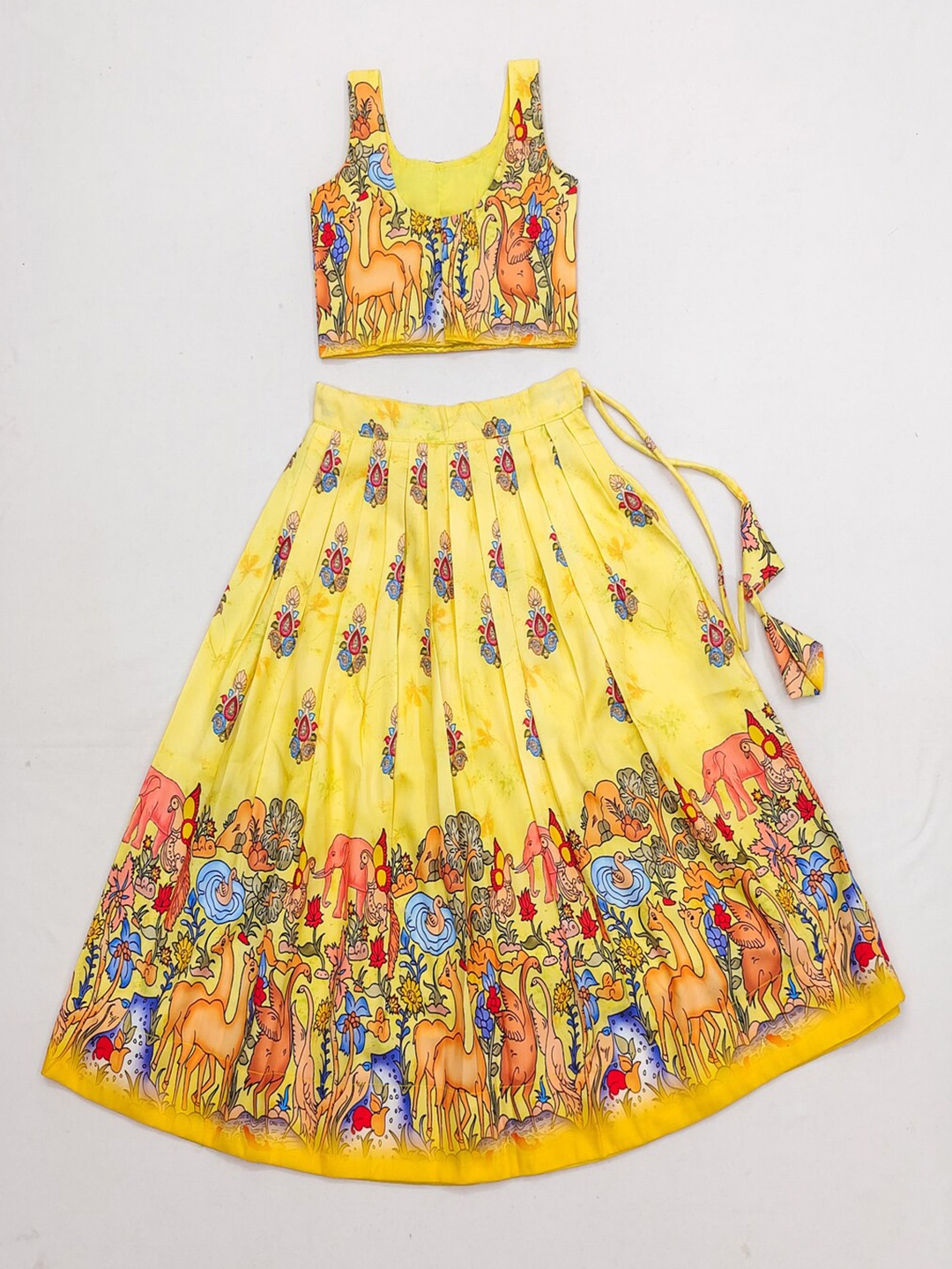 

BAESD Girls Printed Round Neck Sleeveless Ready to Wear Lehenga & Blouse, Yellow