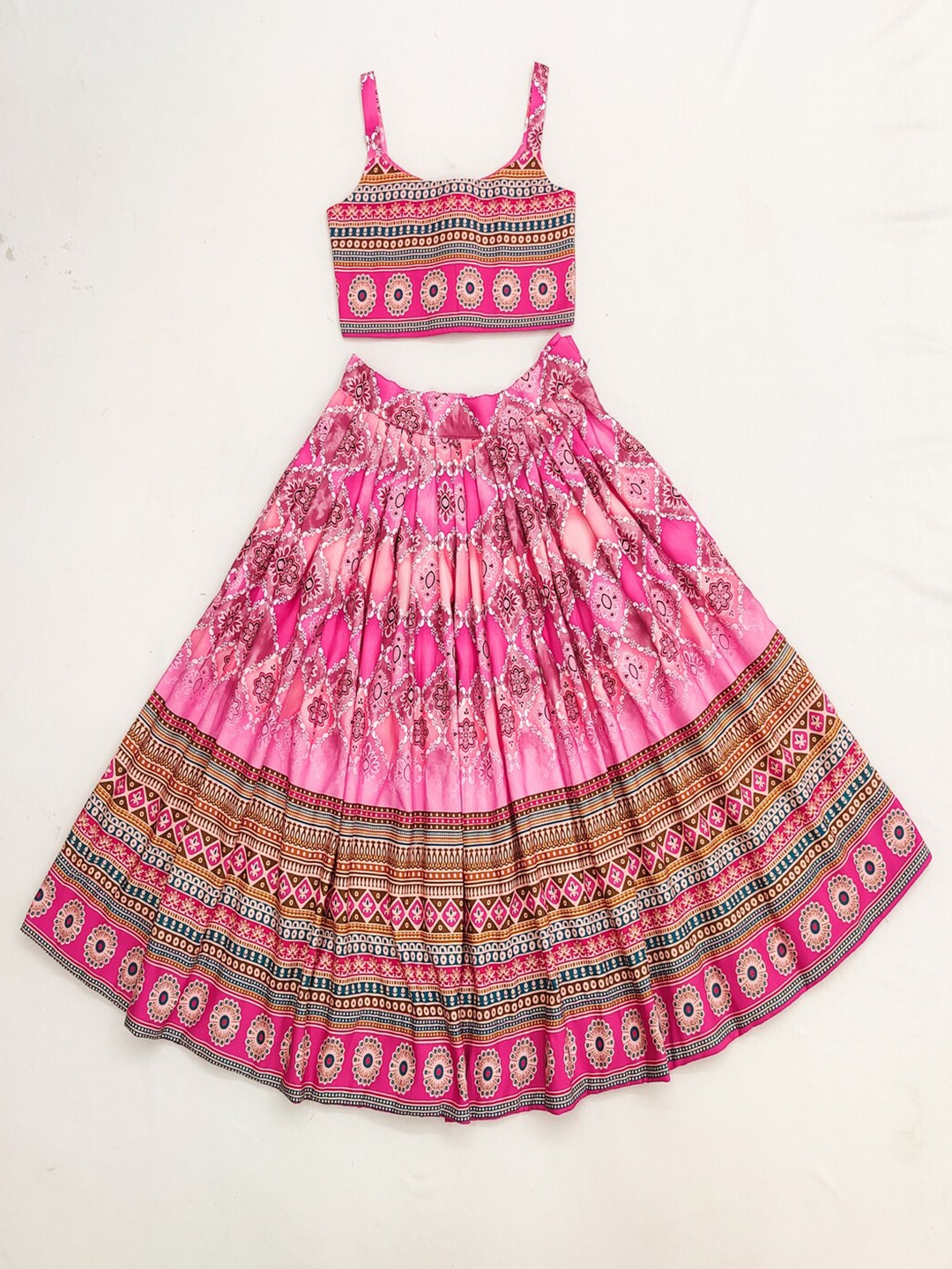

BAESD Girls Printed Round Neck Sleeveless Ready to Wear Lehenga & Blouse, Pink