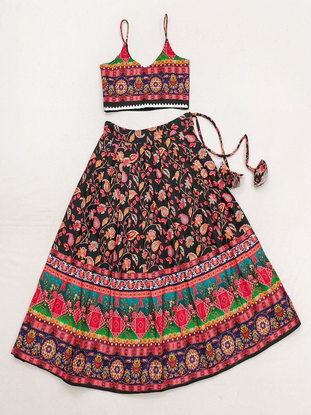 

BAESD Girls Printed Round Neck Sleeveless Ready to Wear Lehenga & Blouse, Red