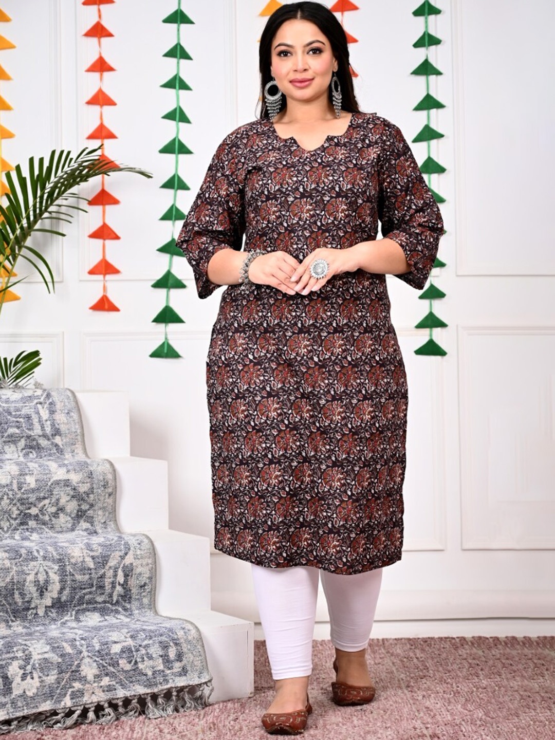 

Swasti Brown Floral Printed Cotton Straight A-Line Kurta