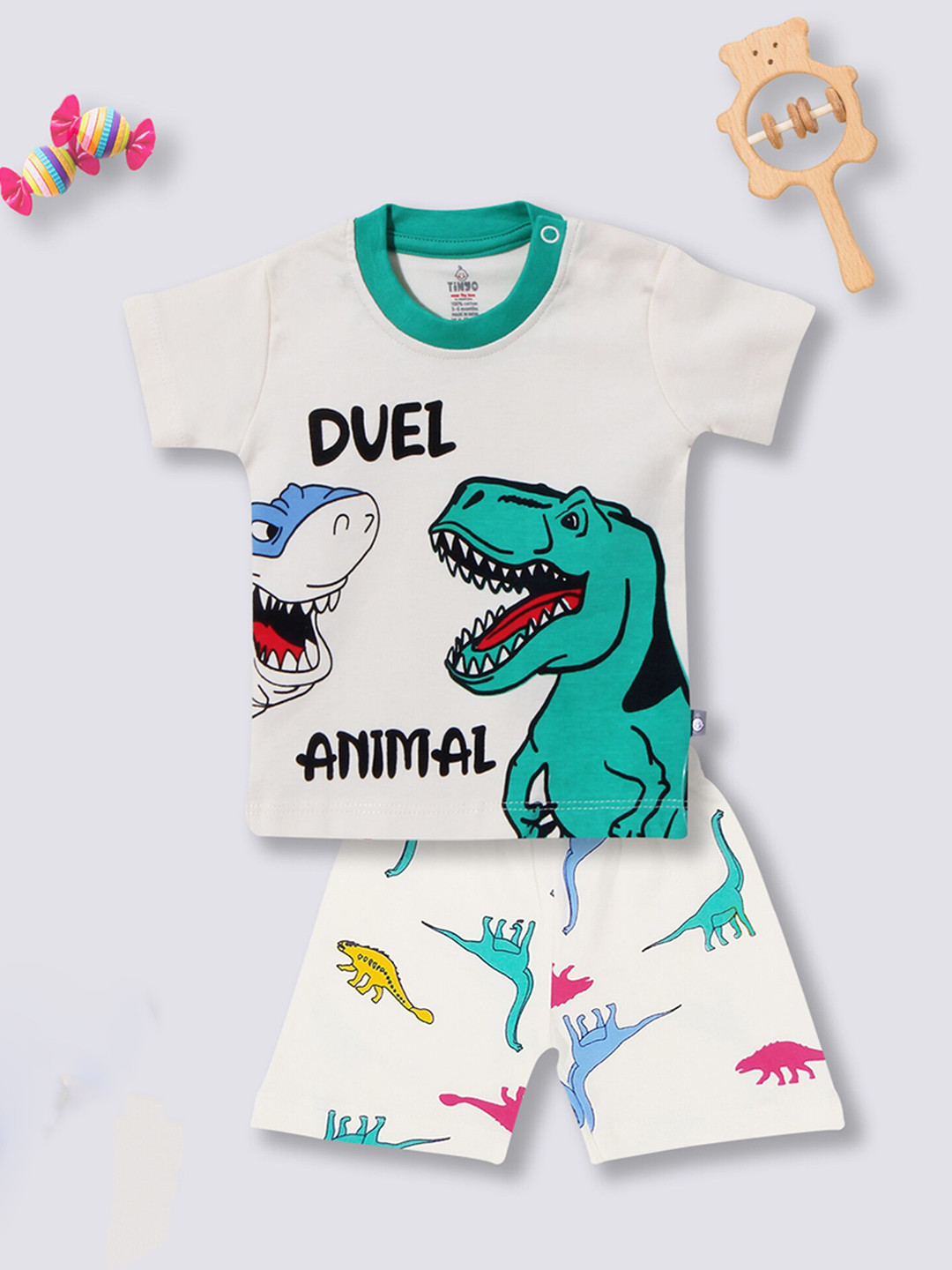 

Moms Love Infant Boys Printed Pure Cotton T-Shirt With Shorts, Off white