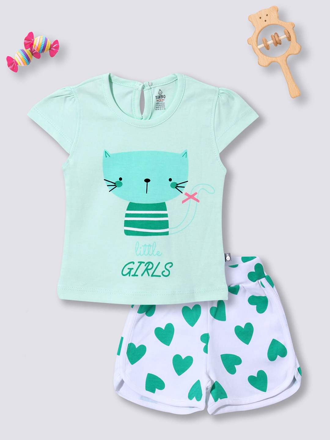 

Moms Love Infant Girls Printed Pure Cotton T-Shirt With Shorts, Sea green