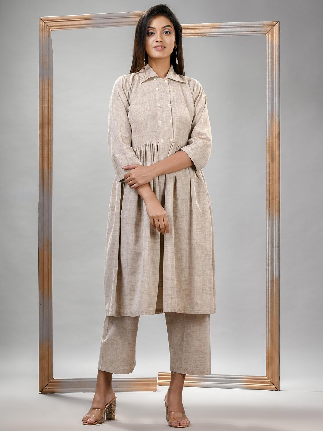 

Angoshobha Woven Design Shirt Collar Pure Cotton A-Line Kurta with Palazzos, Grey