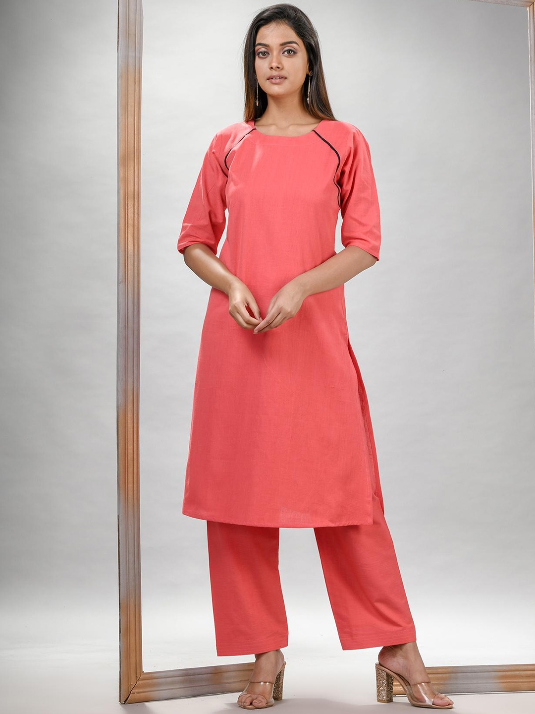 

Angoshobha Woven Design Round Neck Pure Cotton Straight Kurta with Palazzos, Peach