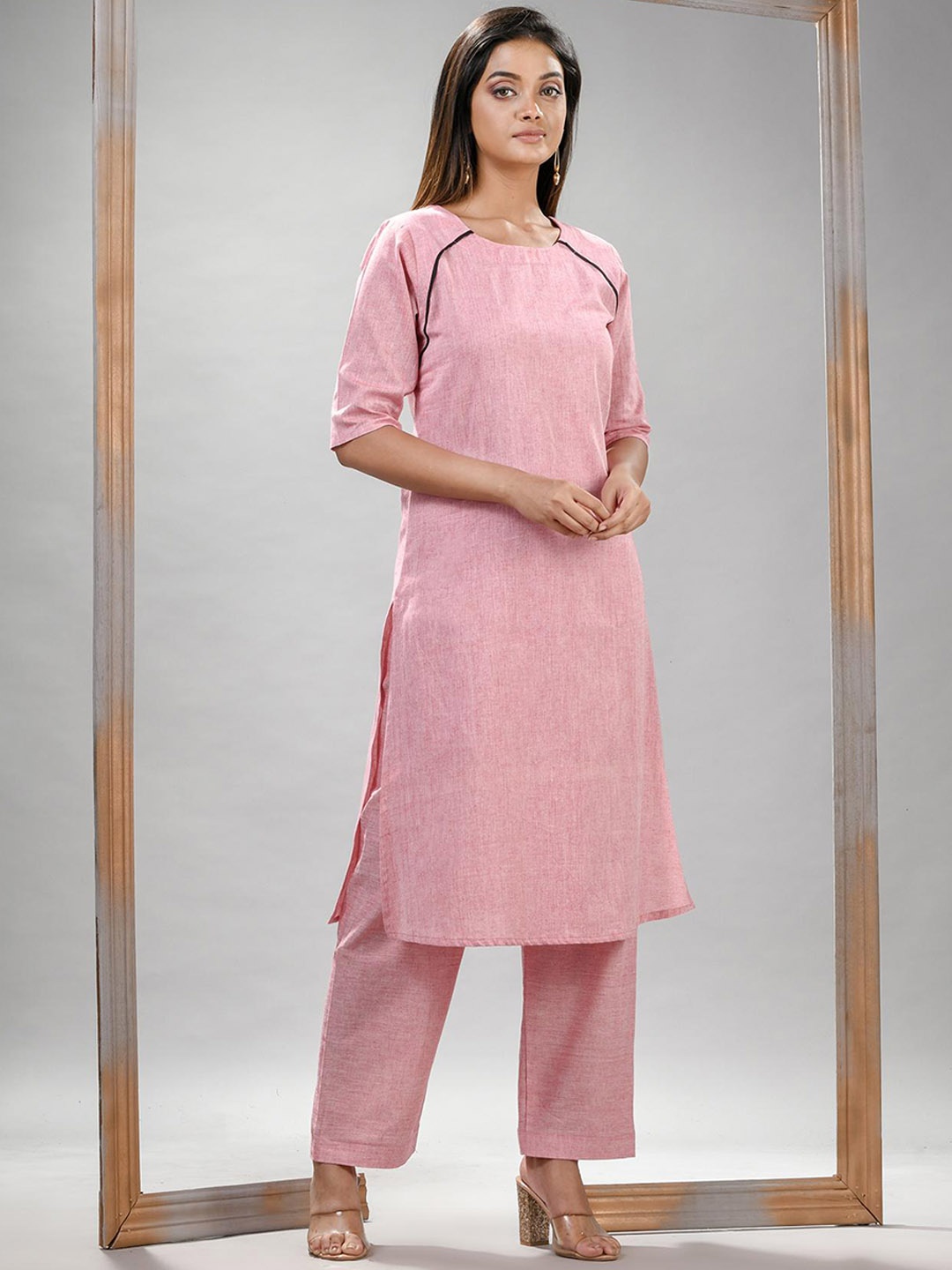 

Angoshobha Woven Design Round Neck Pure Cotton Straight Kurta with Palazzos, Pink