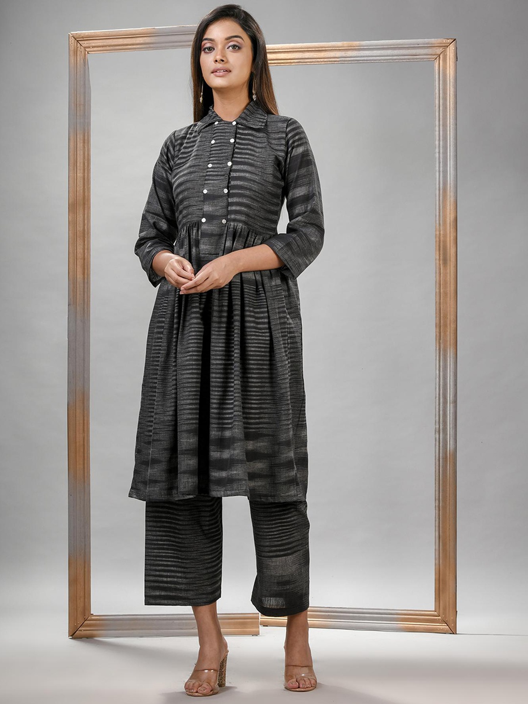 

Angoshobha Woven Design Shirt Collar Pure Cotton A-Line Kurta with Palazzos, Black