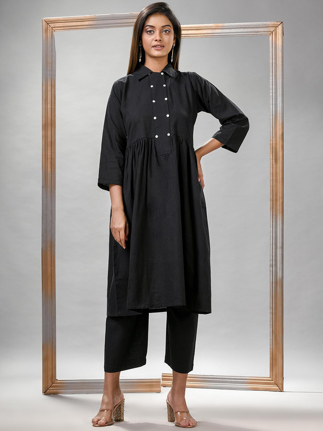 

Angoshobha Woven Design Shirt Collar Pure Cotton A-Line Kurta with Palazzos, Black