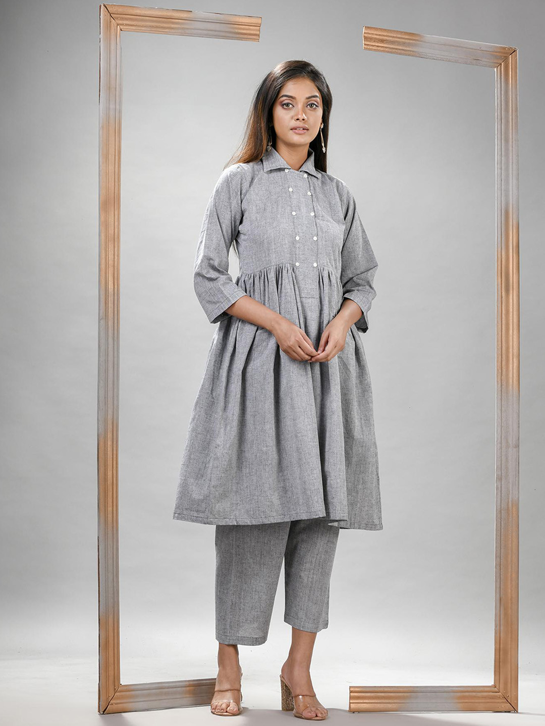 

Angoshobha Woven Design Shirt Collar Pure Cotton A-Line Kurta with Palazzos, Silver