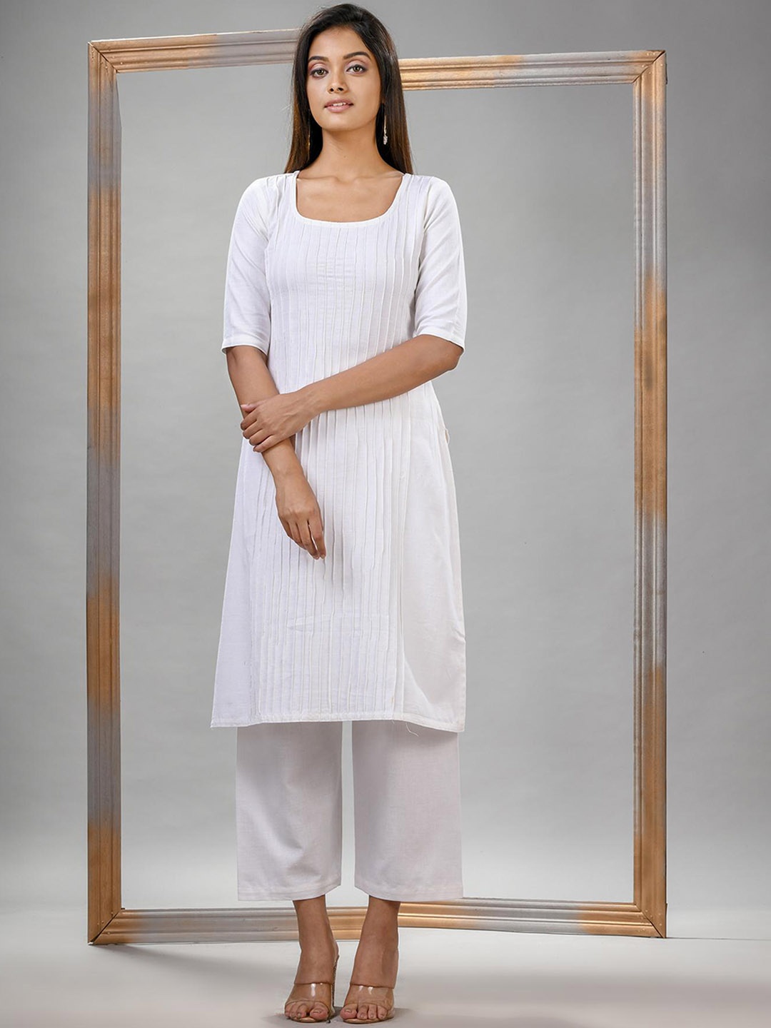 

Angoshobha Woven Design Round Neck Pure Cotton Straight Kurta with Palazzos, White