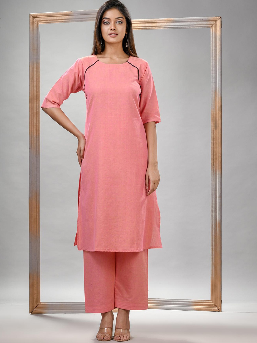 

Angoshobha Woven Design Round Neck Pure Cotton Straight Kurta with Palazzos, Peach