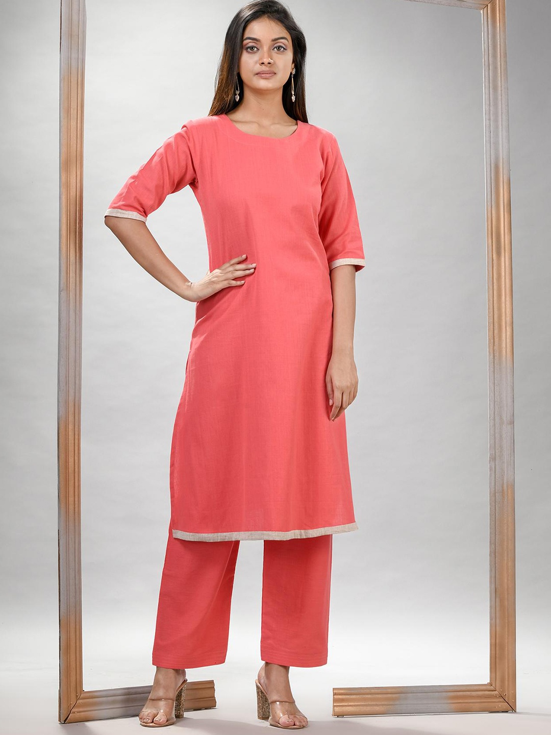 

Angoshobha Woven Design Round Neck Pure Cotton Straight Kurta with Palazzos, Peach