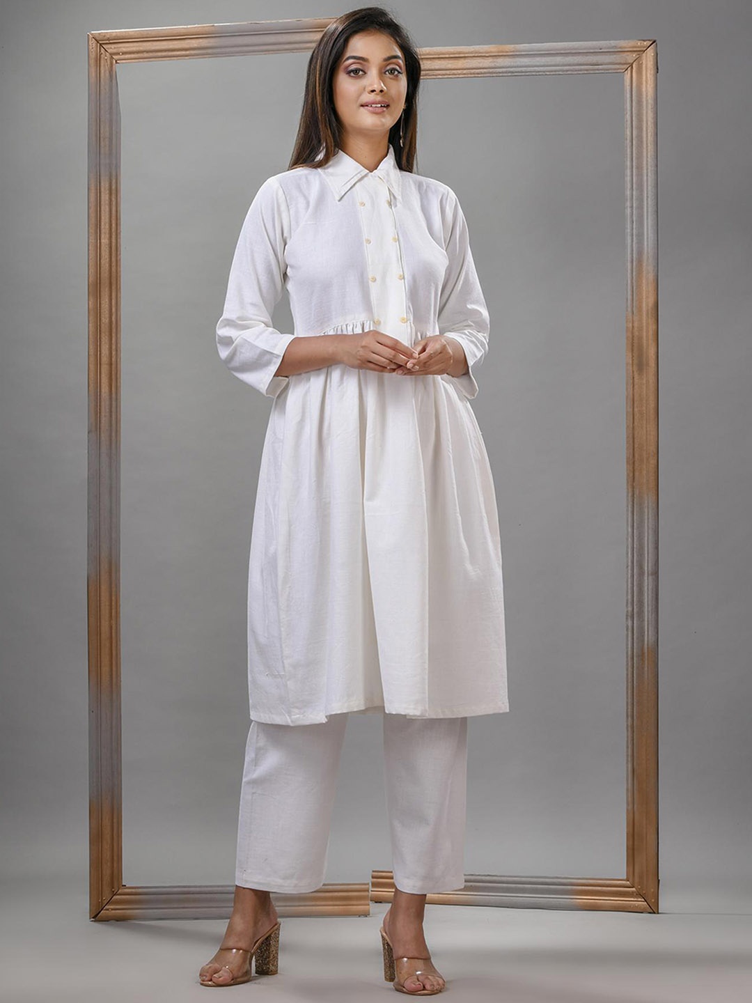 

Angoshobha Woven Design Shirt Collar Pure Cotton Empire Kurta with Palazzos, White