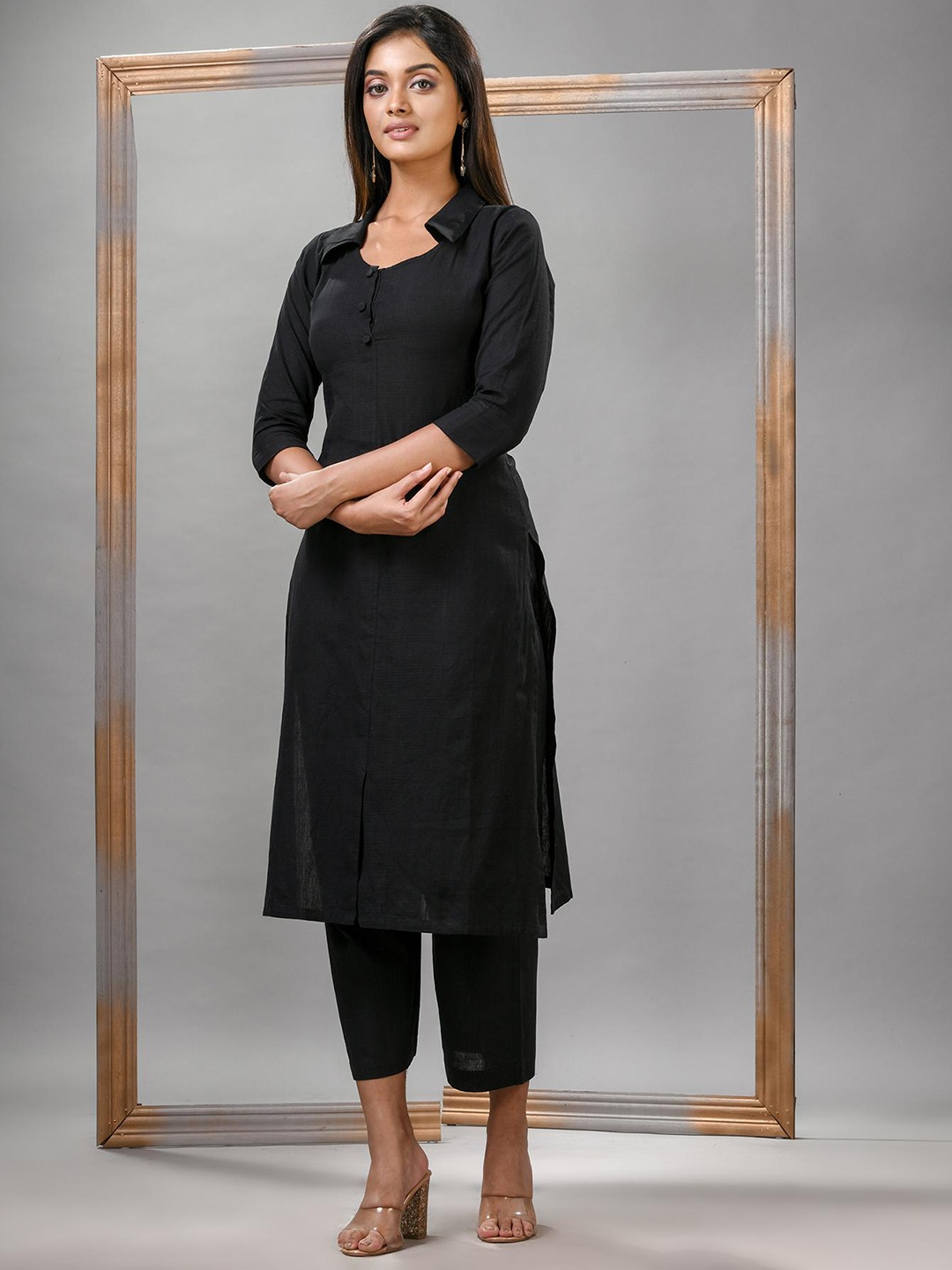 

Angoshobha Woven Design Shirt Collar Pure Cotton Straight Kurta with Palazzos, Black