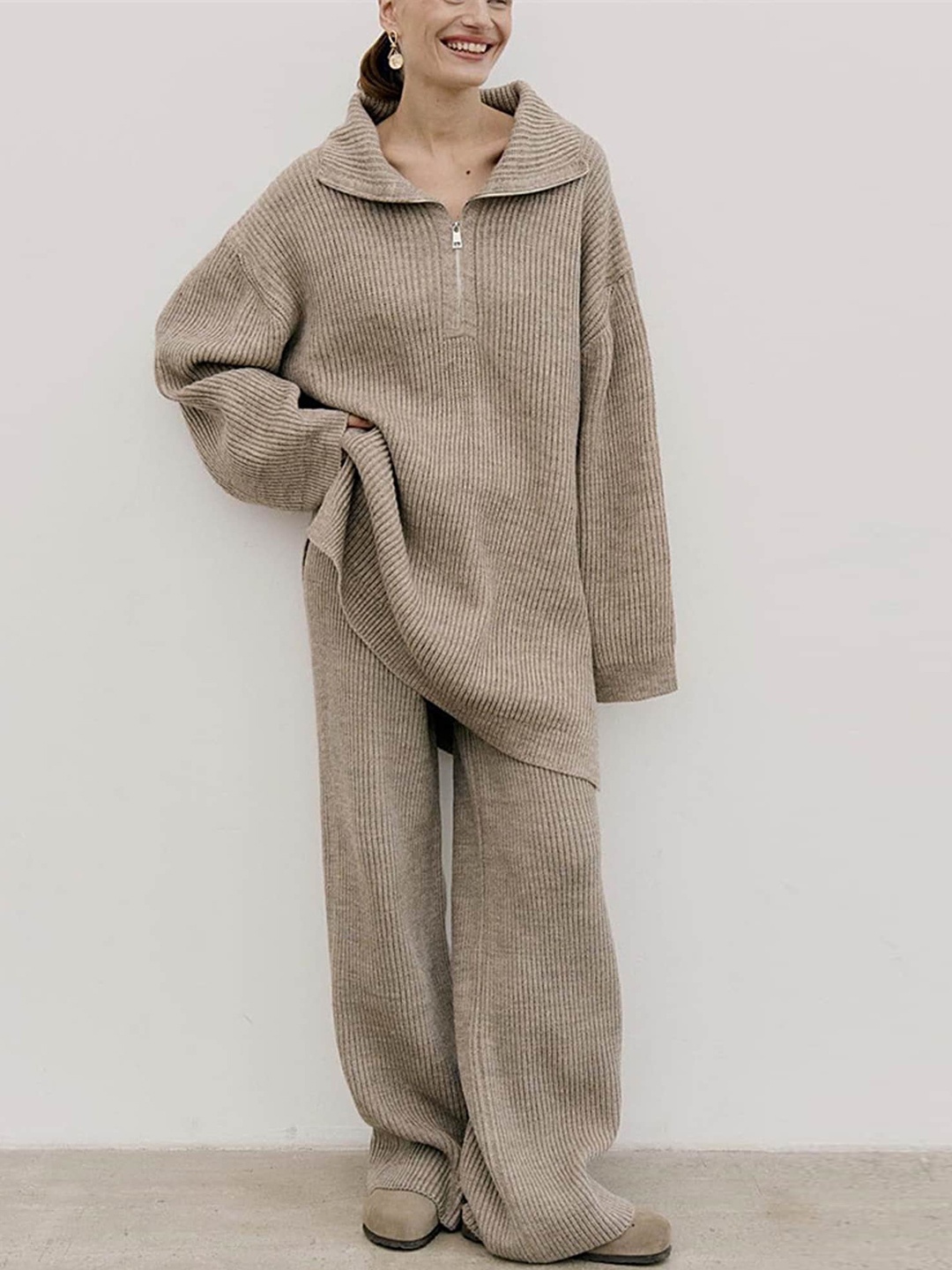 

LULU & SKY Ribbed Oversized Shirt Collar Sweatshirt & Trouser, Khaki