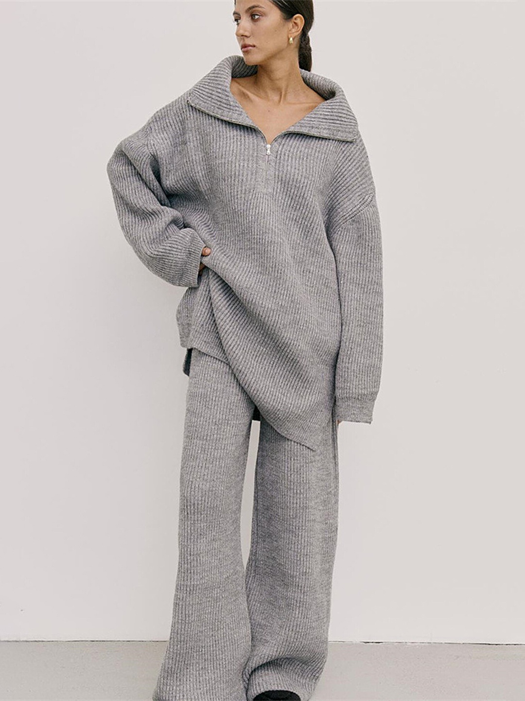 

LULU & SKY Ribbed Oversized Shirt Collar Sweatshirt & Trouser, Grey