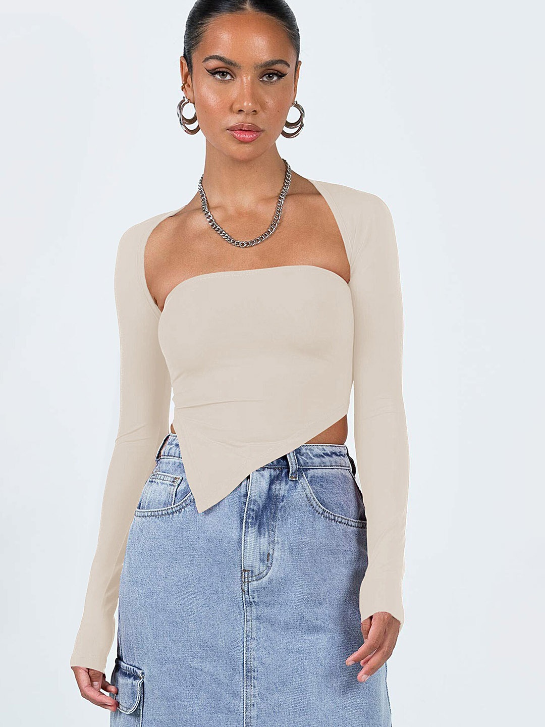

LULU & SKY Slanted Tube Top & Bolero Set, Beige