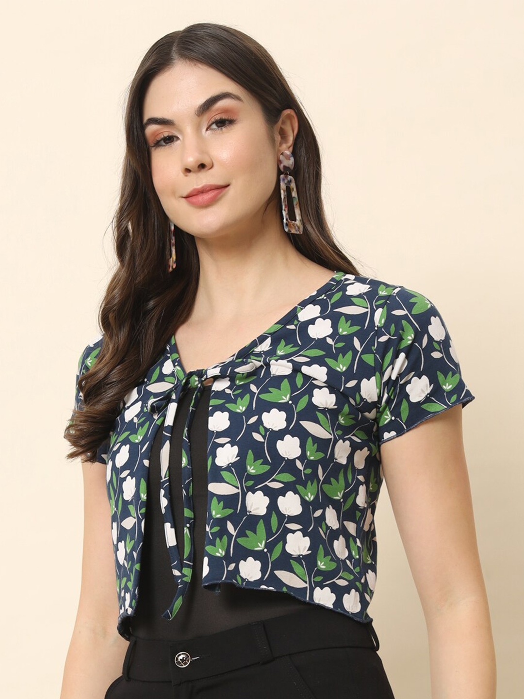 

Trend Arrest Floral Printed Crop Tie-Up Shrug, Navy blue