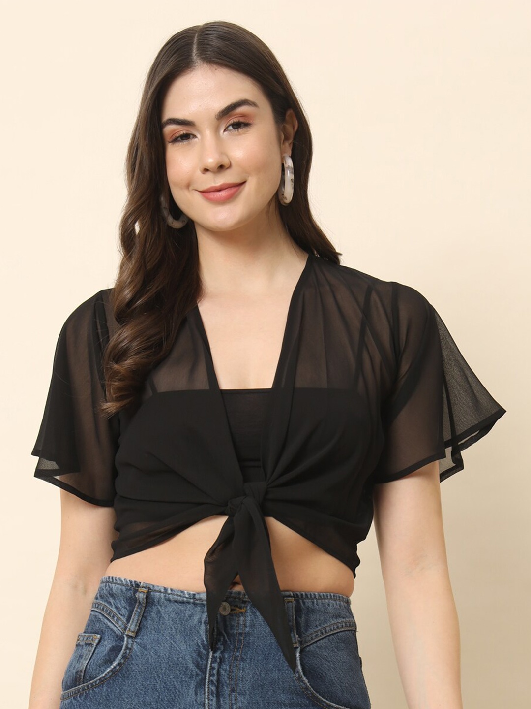 

Trend Arrest Flutter Sleeve Crop Tie-Up Shrug, Black