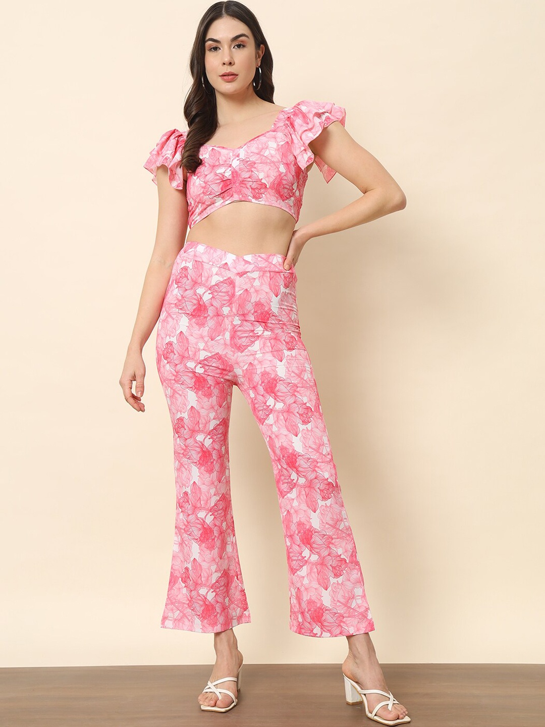 

Trend Arrest Floral Printed Flutter Sleeves Smocked Crop Top With Trousers, Pink