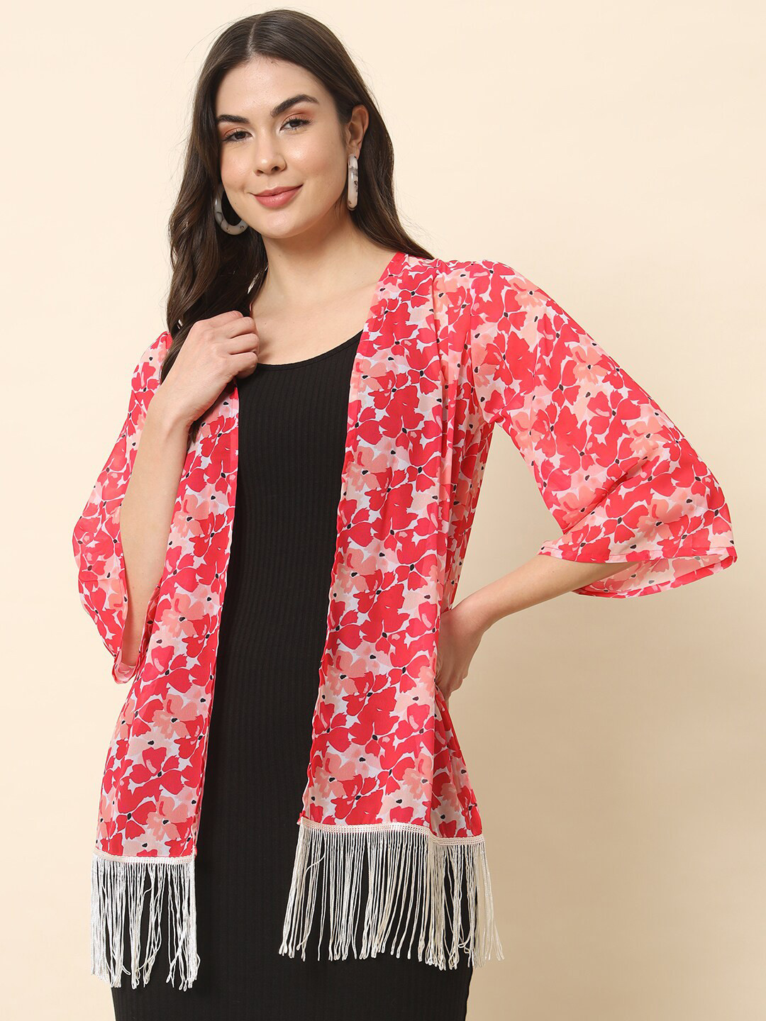 

Trend Arrest Floral Printed Fringed Open Front Shrug, Pink