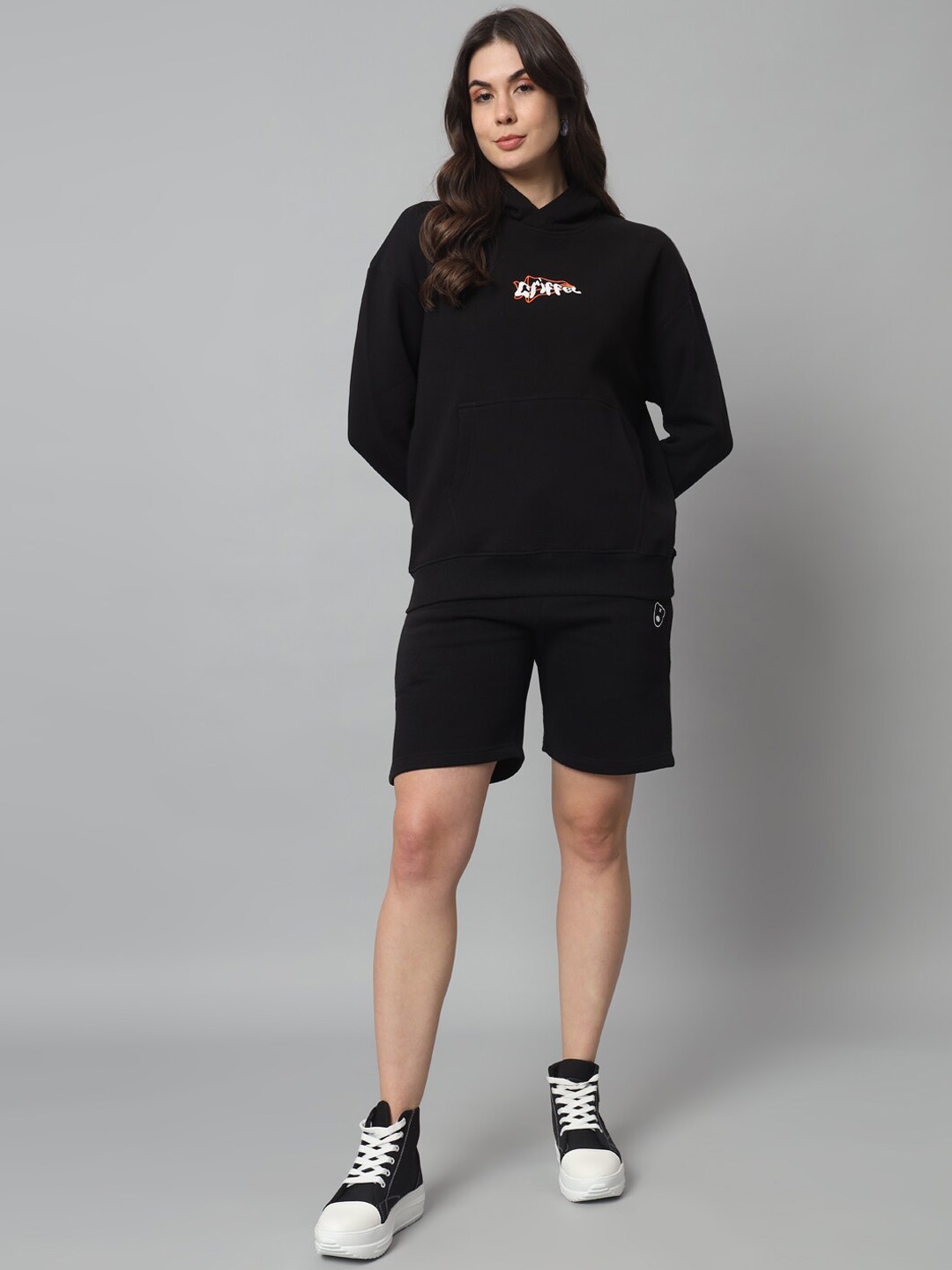 

GRIFFEL Printed Hooded Neck Long Sleeves Fleece & Cotton Tracksuits, Black