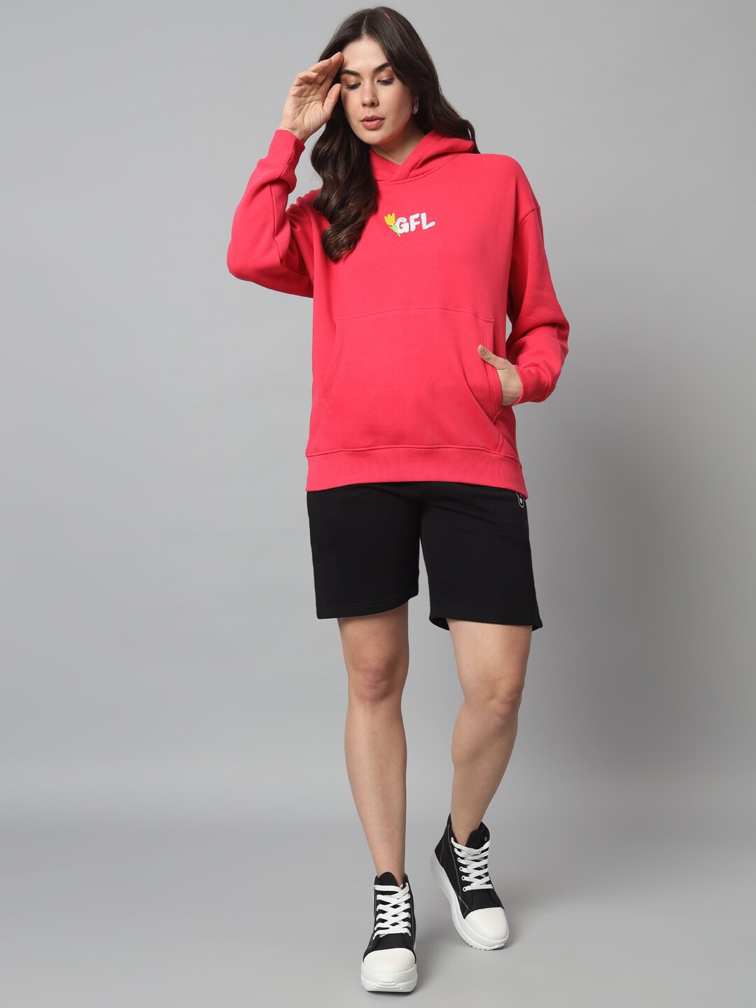 

GRIFFEL Hooded Fleece Cotton Sweatshirt With Shorts, Pink