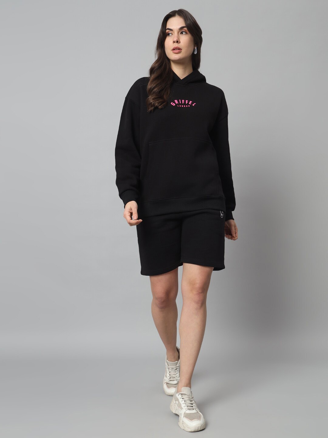 

GRIFFEL Hooded Fleece Cotton Sweatshirt With Shorts, Black