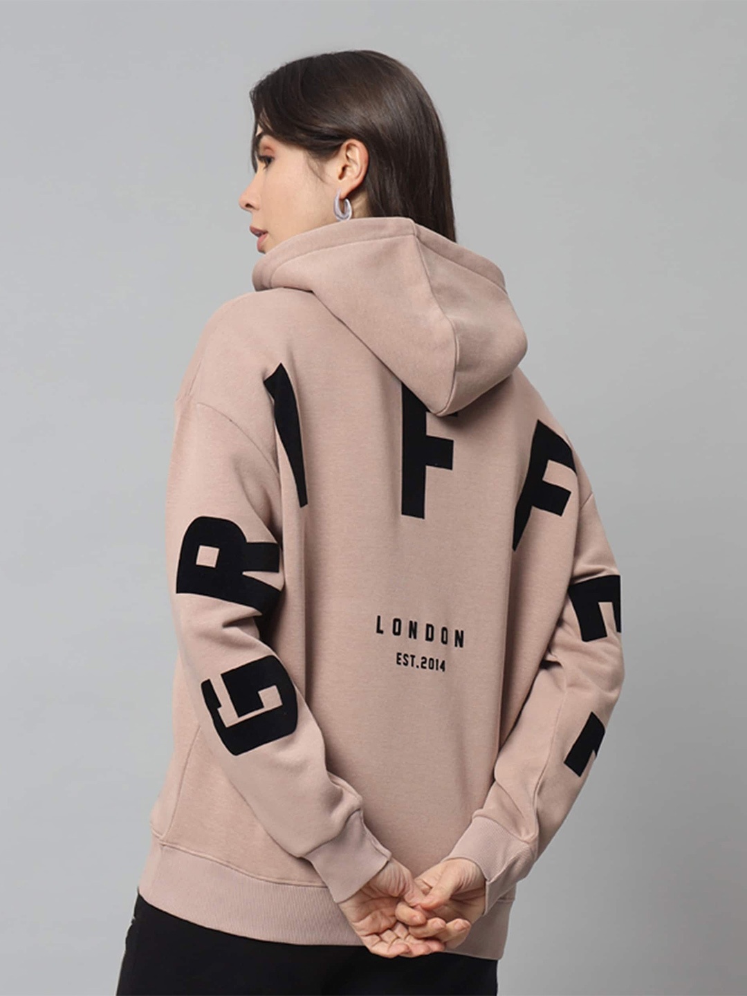 

GRIFFEL Typographic Printed Hooded Fleece Sweatshirt, Camel brown