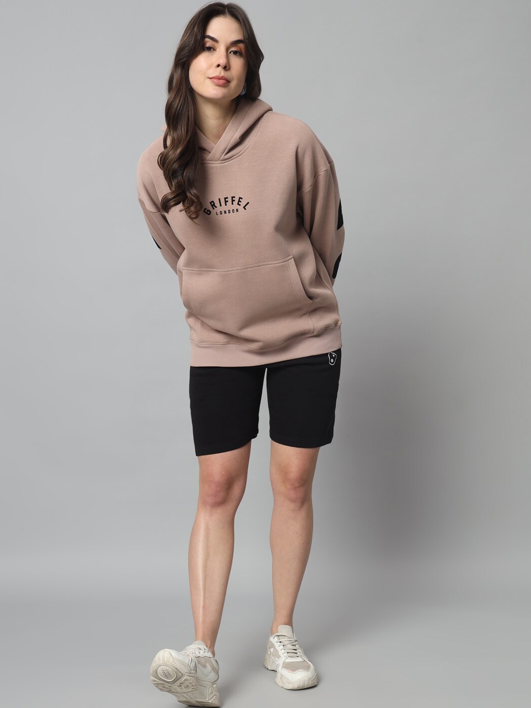 

GRIFFEL Printed Hooded Neck Long Sleeves Fleece & Cotton Tracksuits, Camel brown