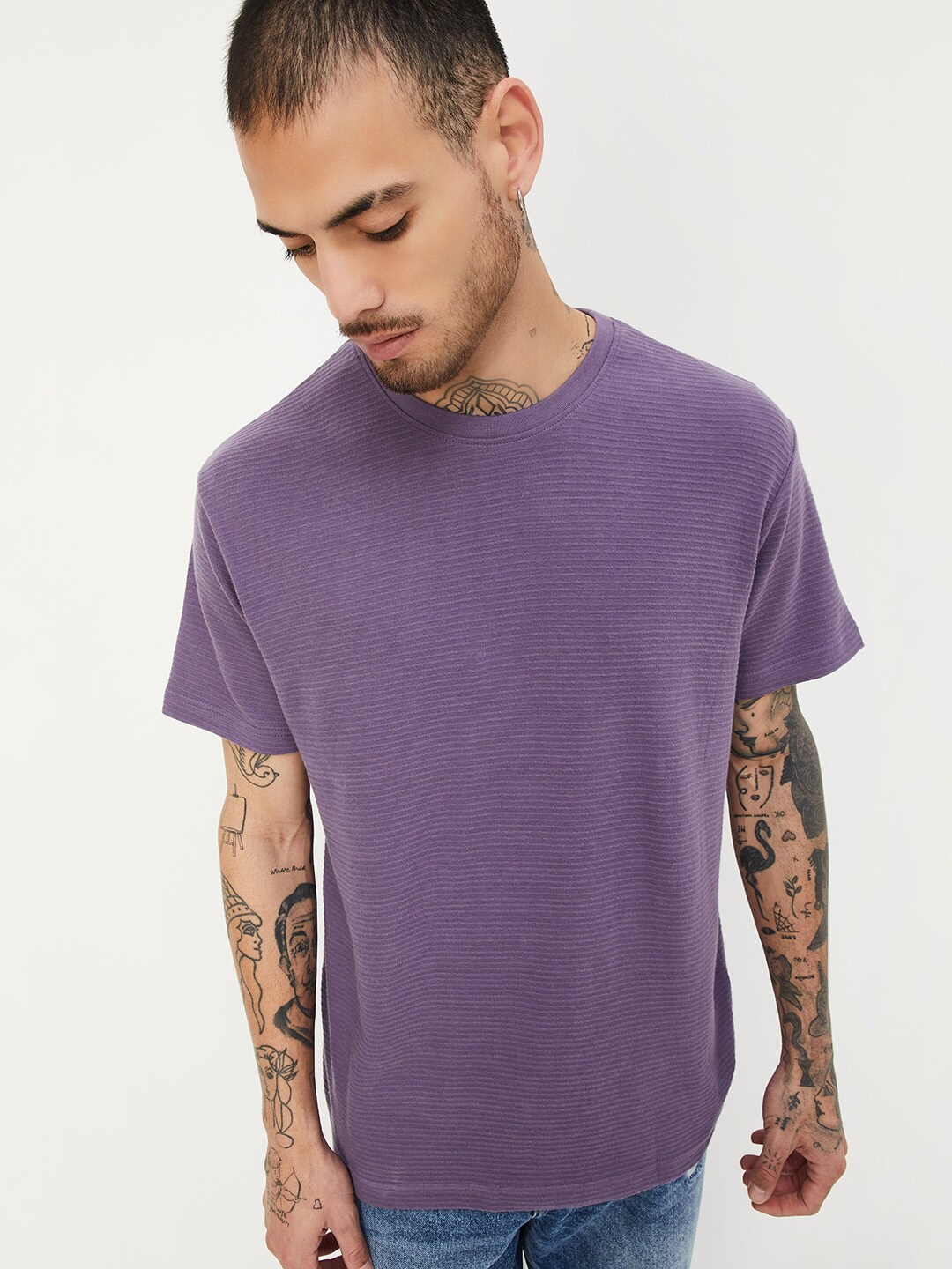 

max Round Neck Pure Cotton T-shirt, Purple