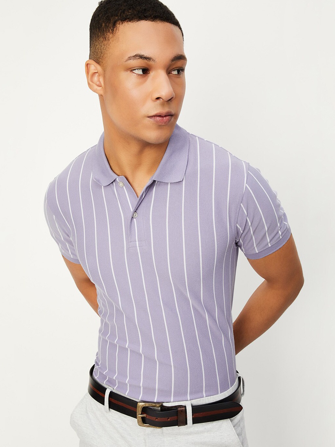 

max Striped Polo Collar Short Sleeves T-shirt, Purple