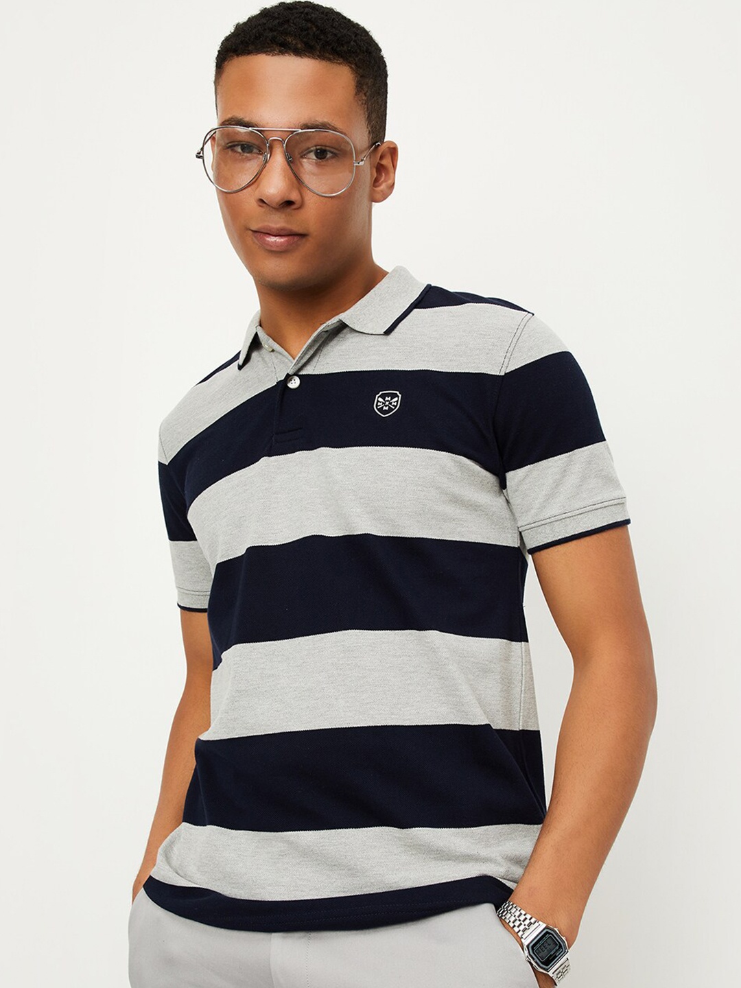 

max Striped Polo Collar Short Sleeves T-shirt, Grey